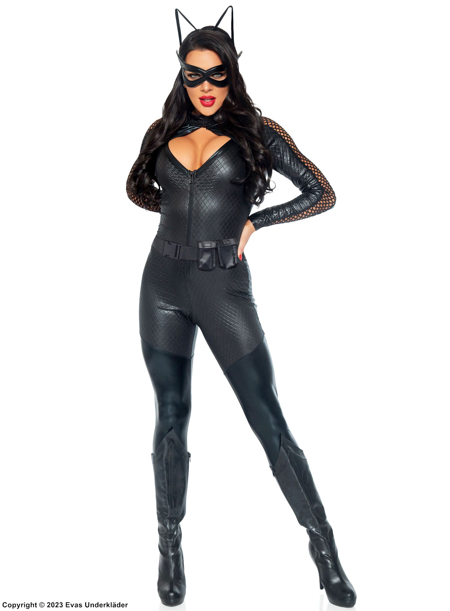 Catwoman, maskerad-jumpsuit med ärmar i nät och nyckelhål